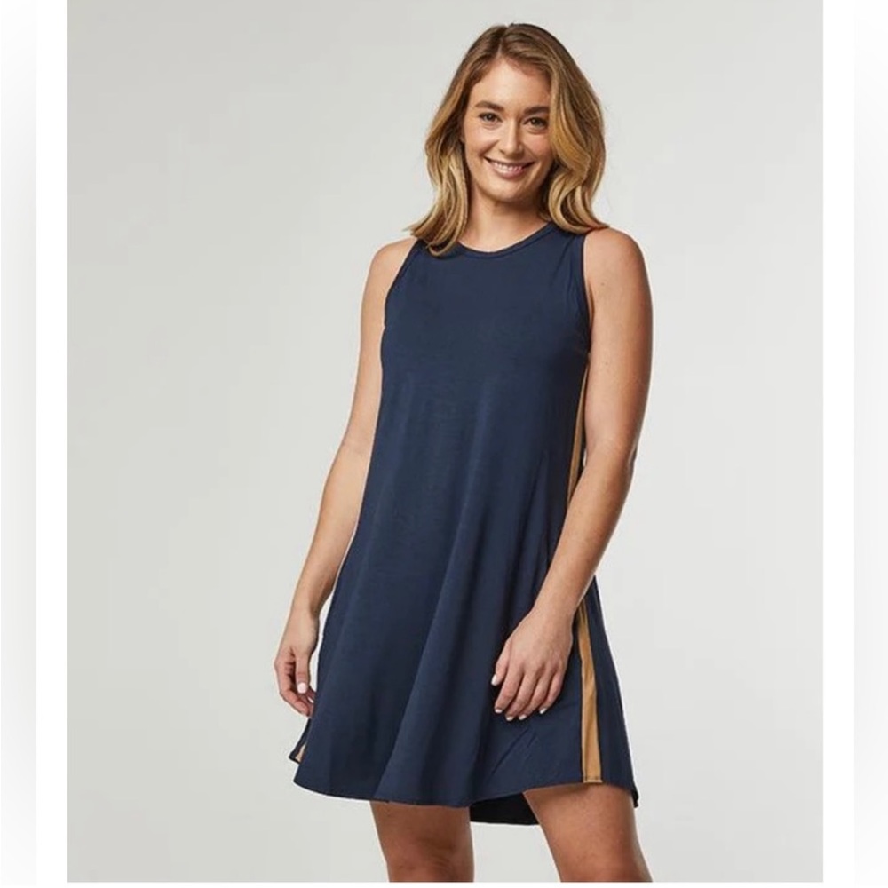 • SheBird • Women’s The Tunic Tank Mini Dress Navy Blue with Brown Side Stripe 1